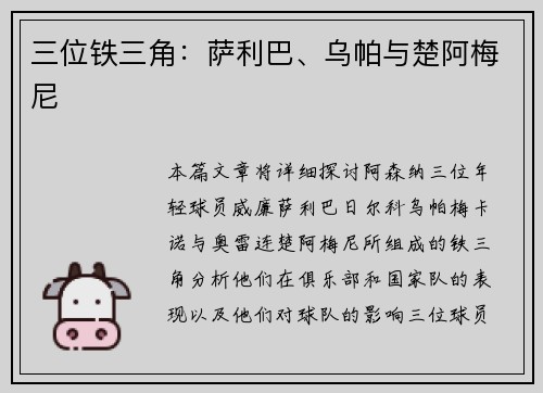 三位铁三角：萨利巴、乌帕与楚阿梅尼