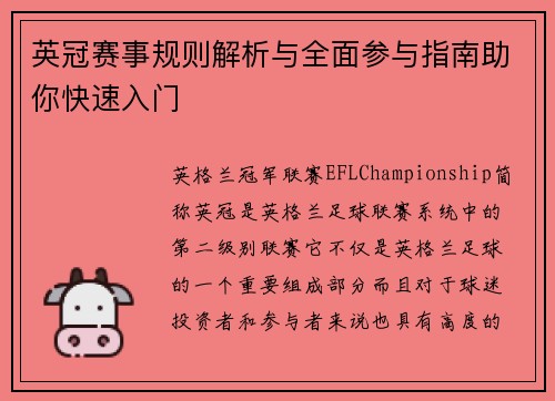 英冠赛事规则解析与全面参与指南助你快速入门